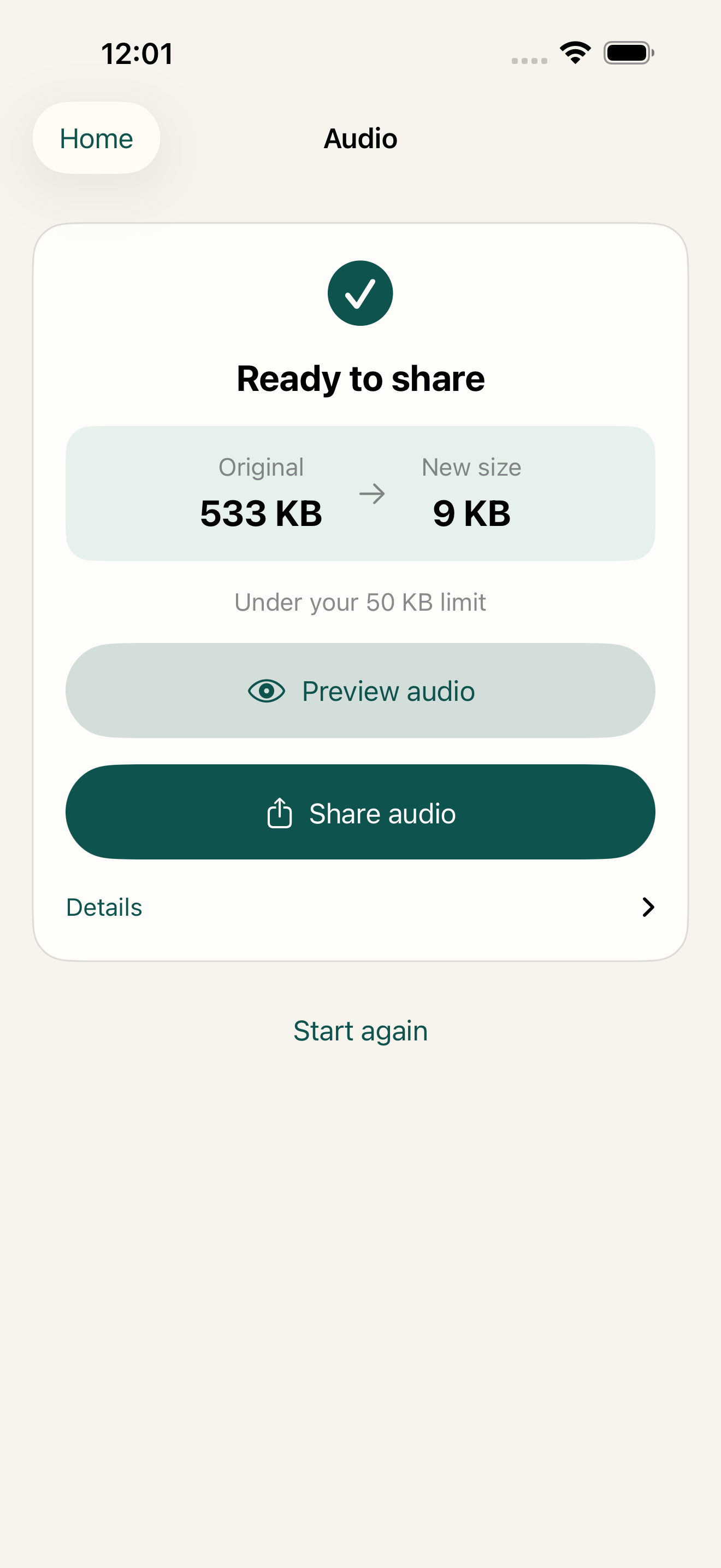 UnderLimit 1.6 audio result with preview and share controls