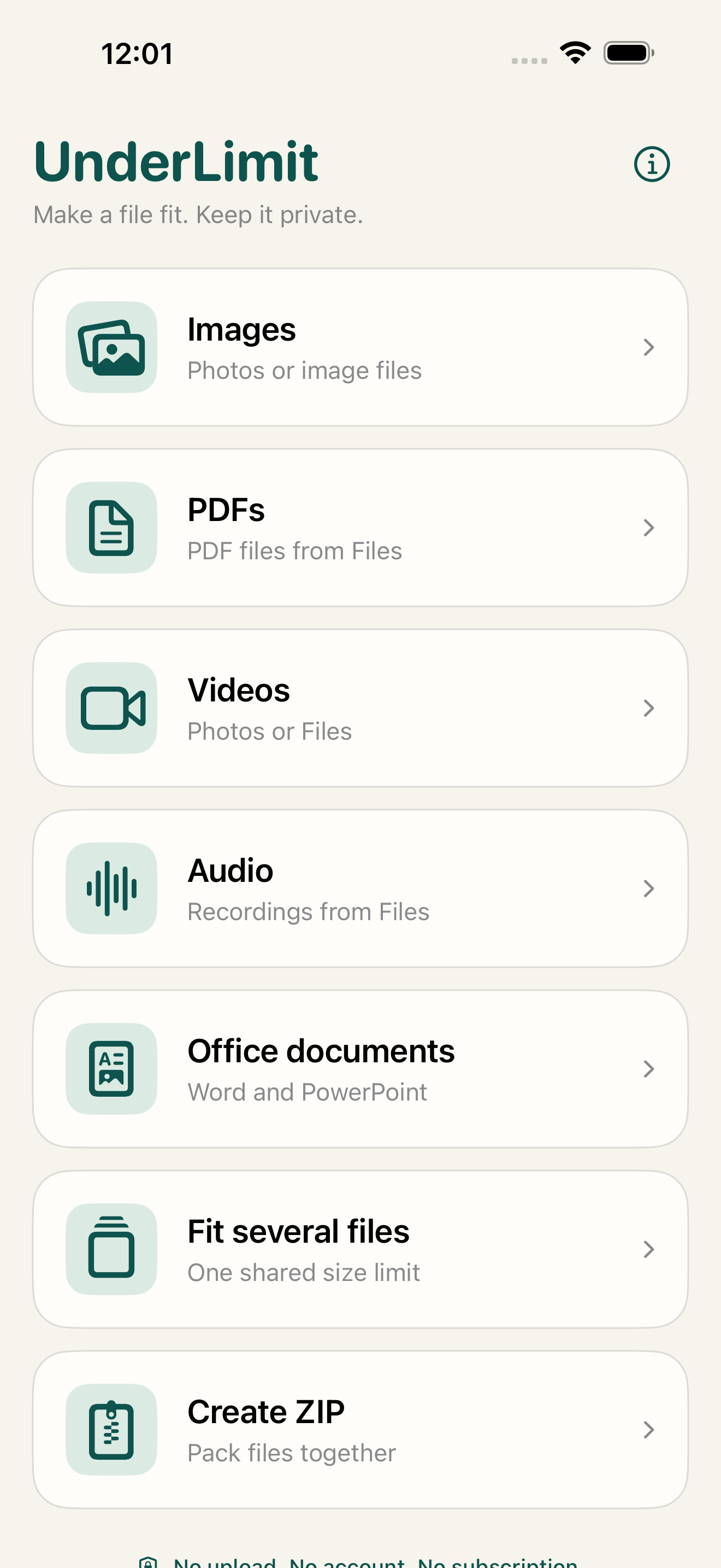 UnderLimit 1.6 home screen with seven file tools