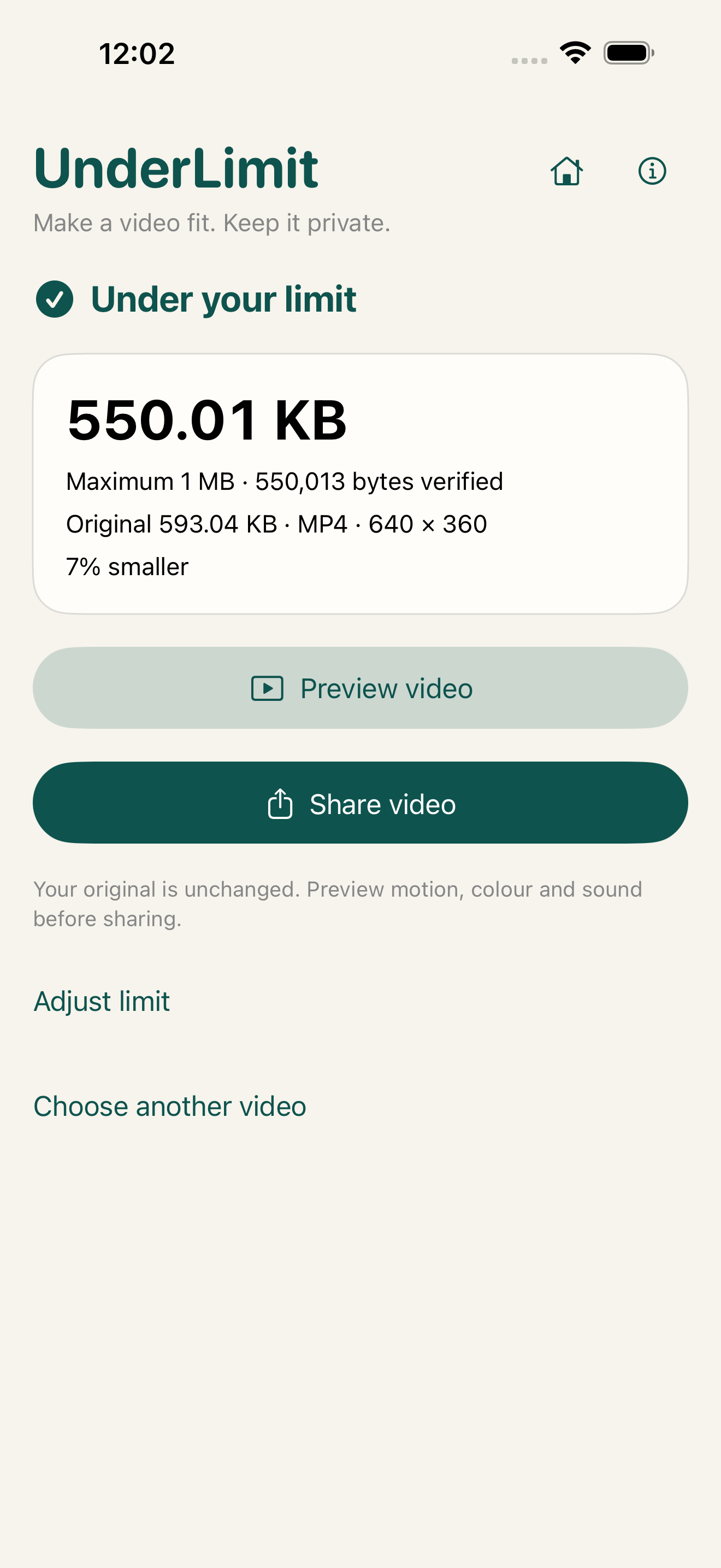 UnderLimit 1.6 video result verified below a 1 MB maximum