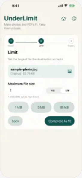 UnderLimit limit screen with custom KB and MB controls